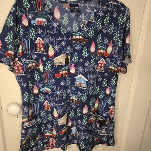 Festive Blue Winter Wonderland Women's Scrub Top